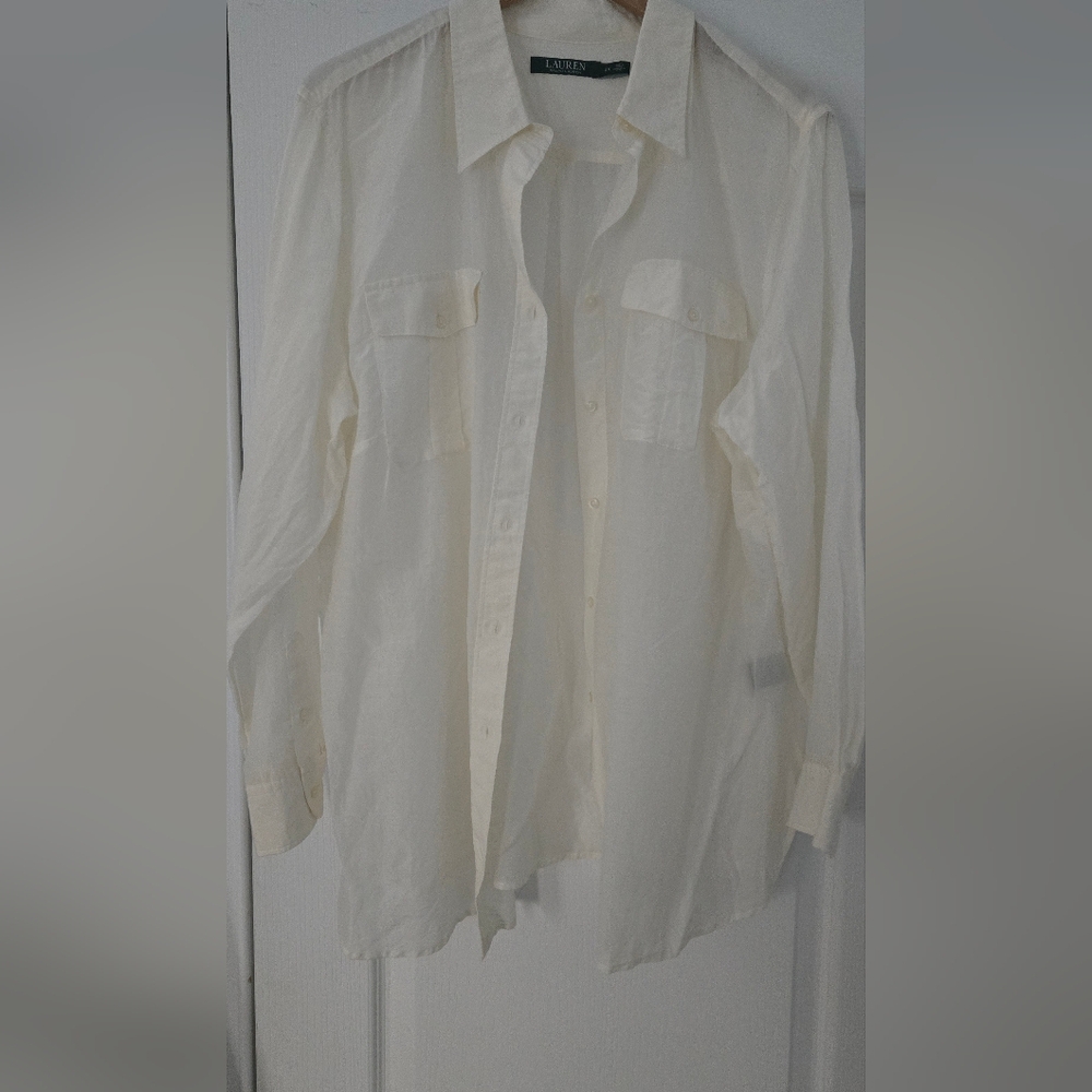 Ralph Lauren Cream Button-Up Long Sleeve Silk Blouse
